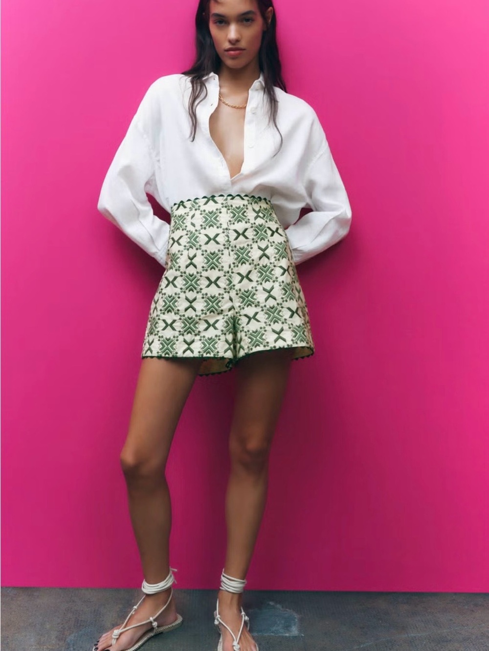 Zara High-Waist Cream and Green Patterned Shorts